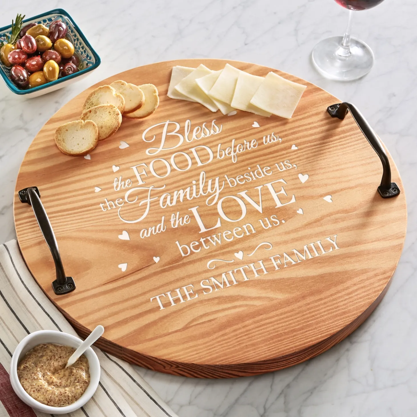 Bless This Food Classic Pine Wine Barrel Tray