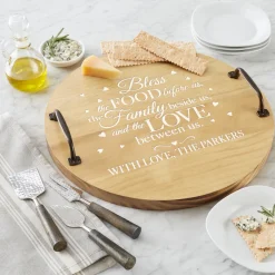 Bless This Food Classic Pine Wine Barrel Tray