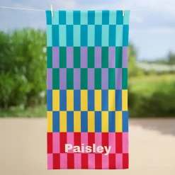 Bright Checkered Stripes Beach Towel