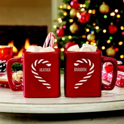 Candy Cane Couple Heart Red Square Mug Set