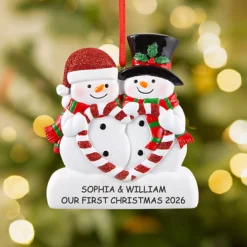 Candy Cane Heart Snowman Couple Ornament