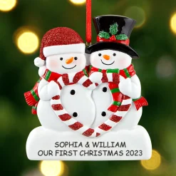 Candy Cane Heart Snowman Couple Ornament
