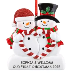 Candy Cane Heart Snowman Couple Ornament