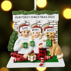Cozy Fireplace Couple with Dog Ornament