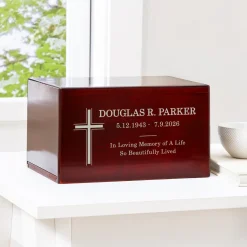 Cross Memorial Engraved Wood Cremation Urn