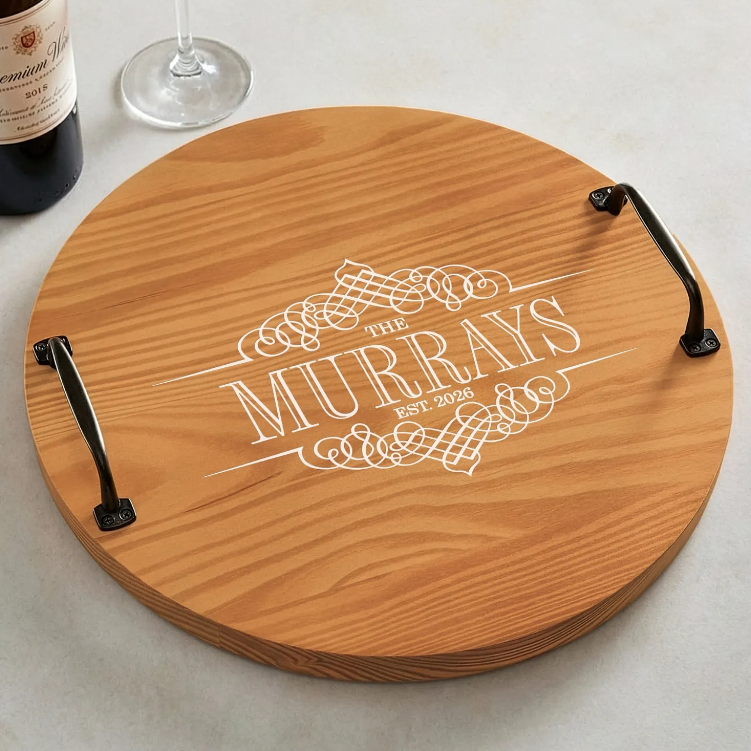 Decorative Family Name Classic Pine Wood Barrel Tray