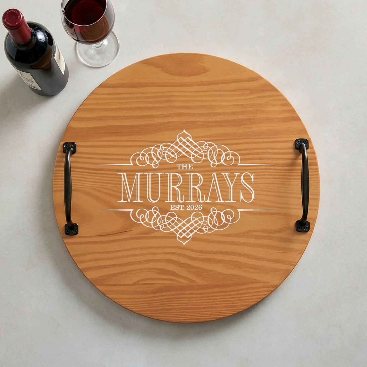 Decorative Family Name Classic Pine Wood Barrel Tray