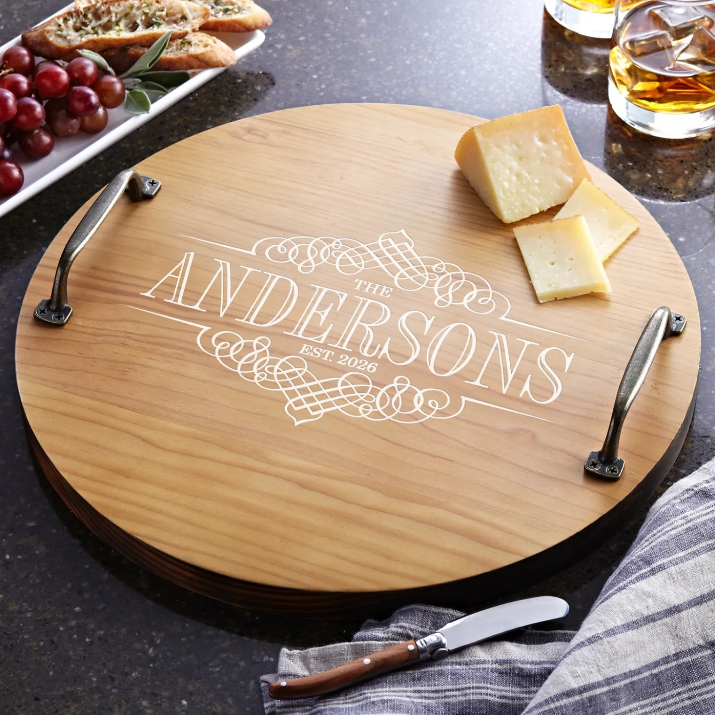 Decorative Family Name Classic Pine Wood Barrel Tray