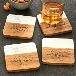 Eat, Drink & Be Married Marble Wood Coasters