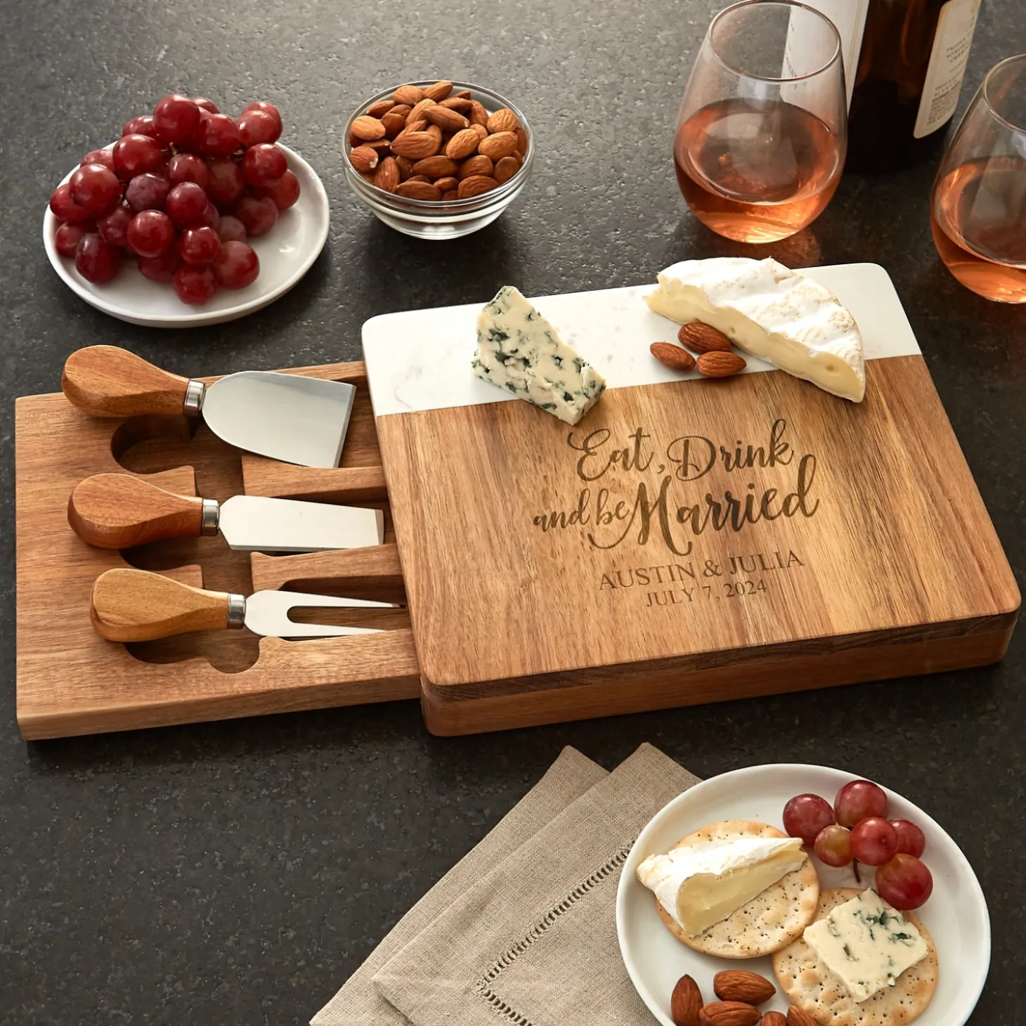 Eat, Drink & Be Married Marble Wood Cheese Board