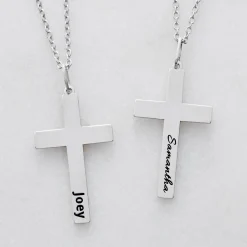 Engraved Name Silver Cross Necklace