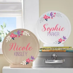 Floral Baby Name Wood Circle with Stand