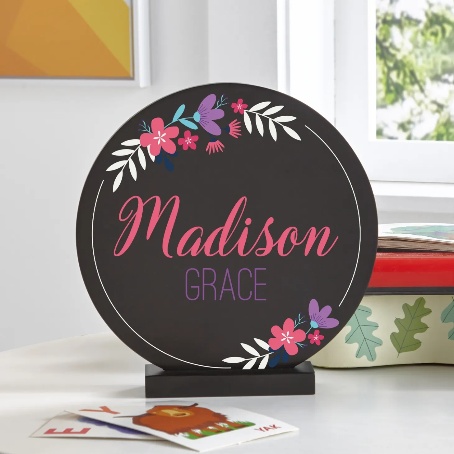 Floral Baby Name Wood Circle with Stand