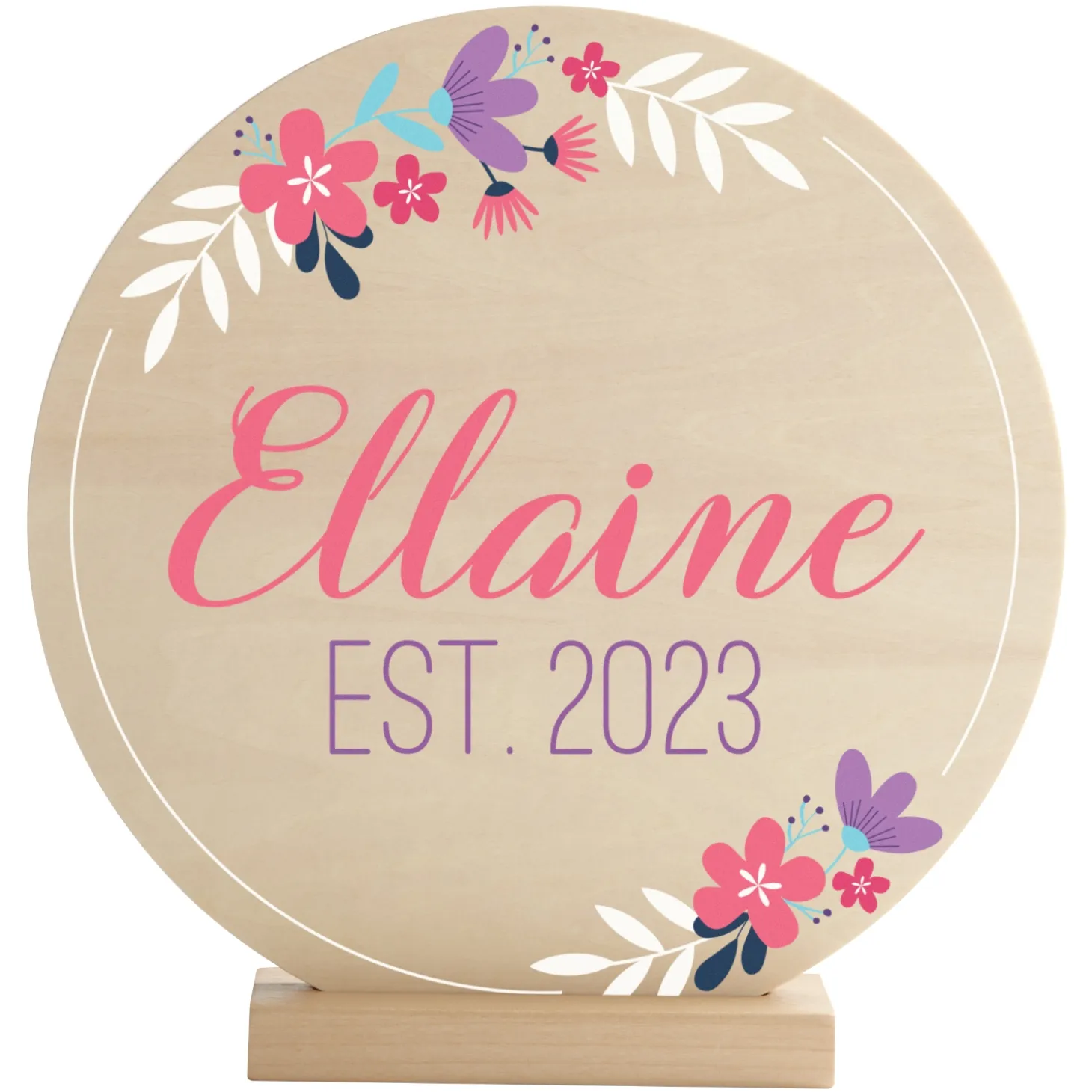 Floral Baby Name Wood Circle with Stand