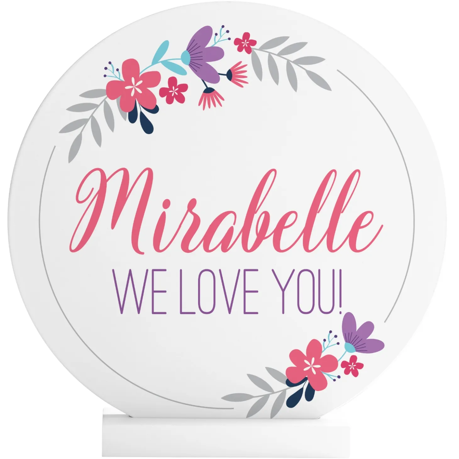 Floral Baby Name Wood Circle with Stand