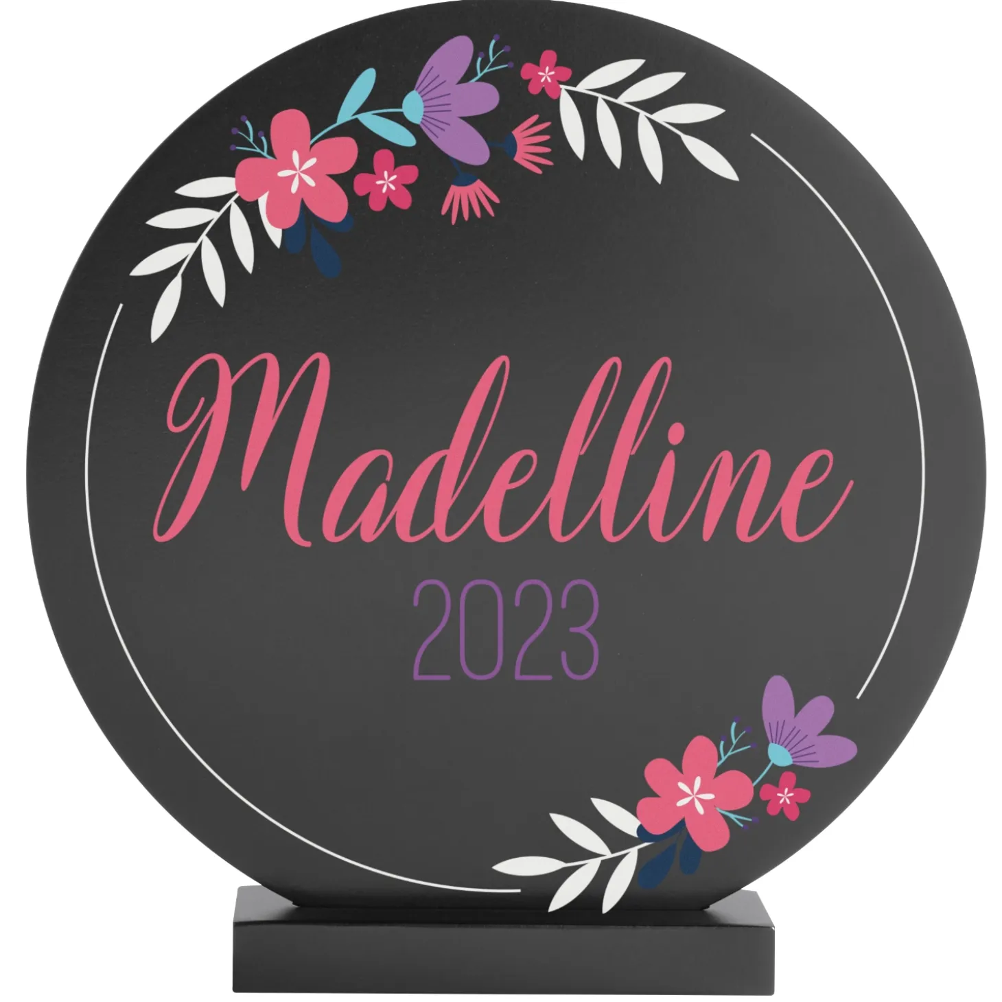 Floral Baby Name Wood Circle with Stand
