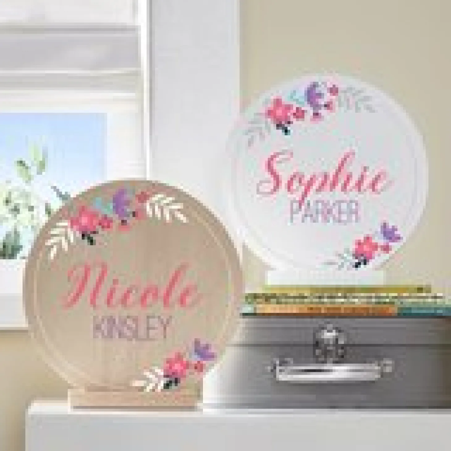 Floral Baby Name Wood Circle with Stand
