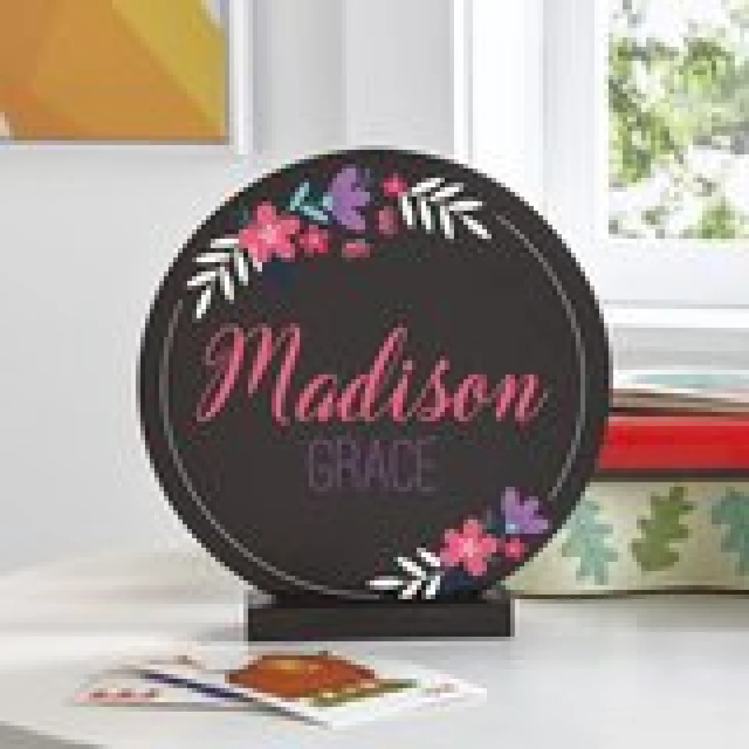 Floral Baby Name Wood Circle with Stand
