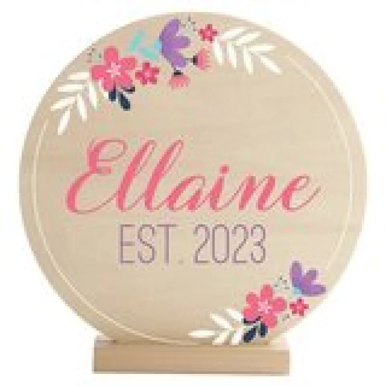 Floral Baby Name Wood Circle with Stand