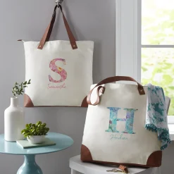 Floral Initial + Name Canvas Tote Bag