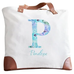 Floral Initial + Name Canvas Tote Bag