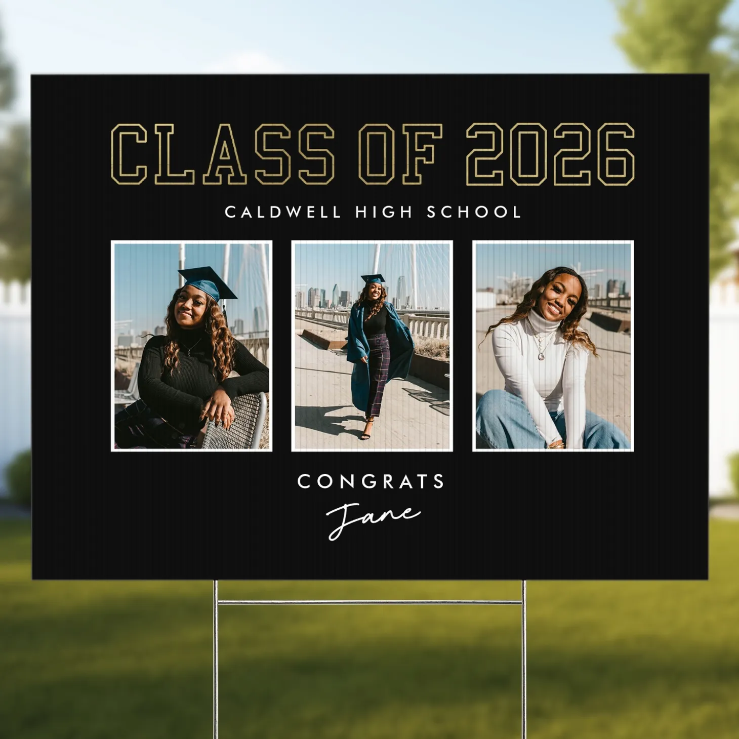 Golden Trio Graduation Photo Yard Sign
