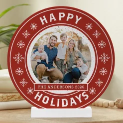 Happy Holidays Photo Wood Circle with Stand