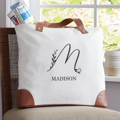 Her Floral Initial Canvas Tote Bag