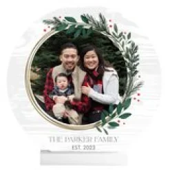 Holly Wreath Photo Wood Circle with Stand