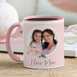 I Love Mom Floral Photo Mug