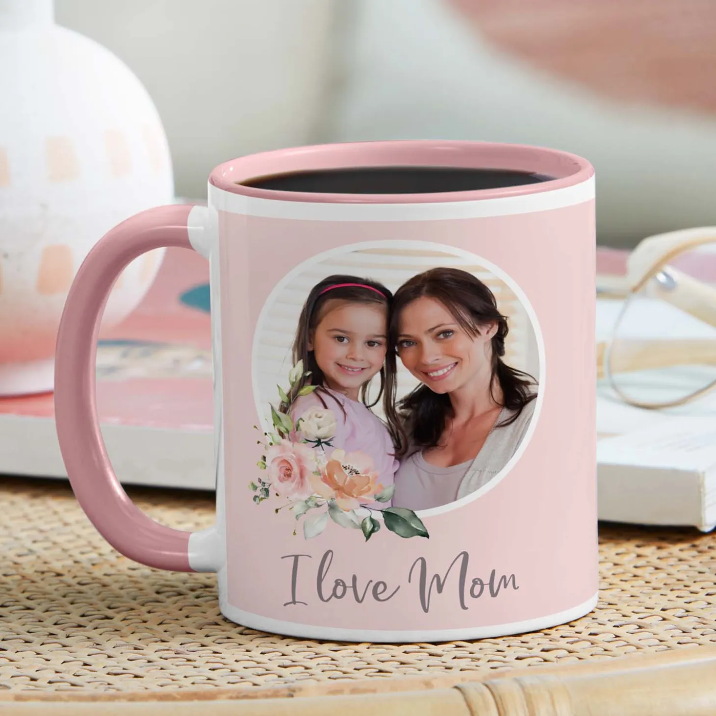I Love Mom Floral Photo Mug