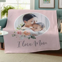 I Love Mom Floral Photo Plush Blanket