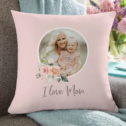 I Love Mom Floral Photo Throw Pillow