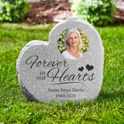 In Our Hearts Memorial Photo Standing Heart Garden Stone
