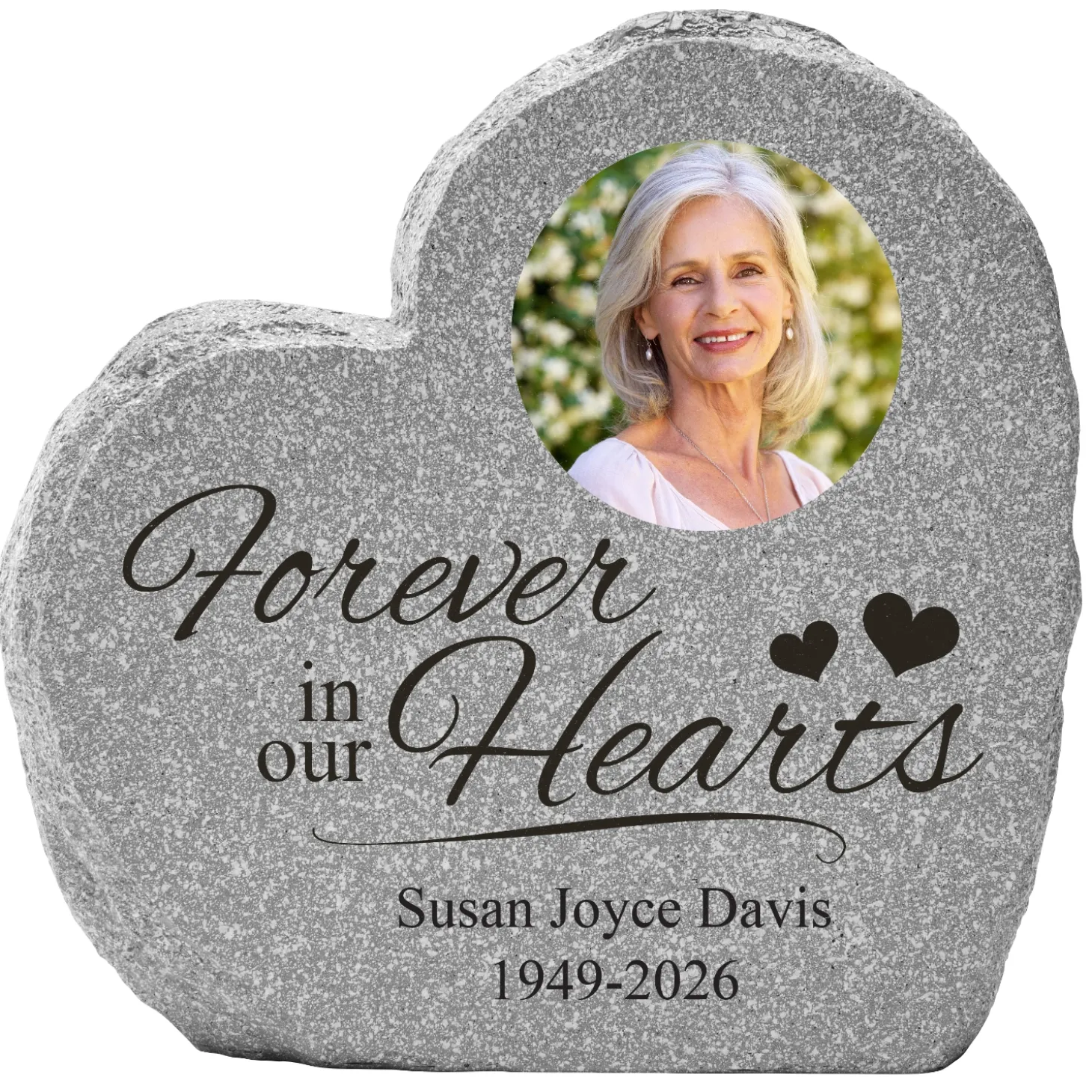 In Our Hearts Memorial Photo Standing Heart Garden Stone