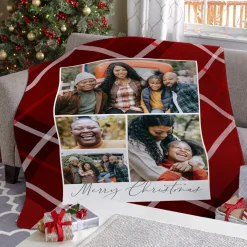 Merry Christmas Plaid Photo Plush Blanket