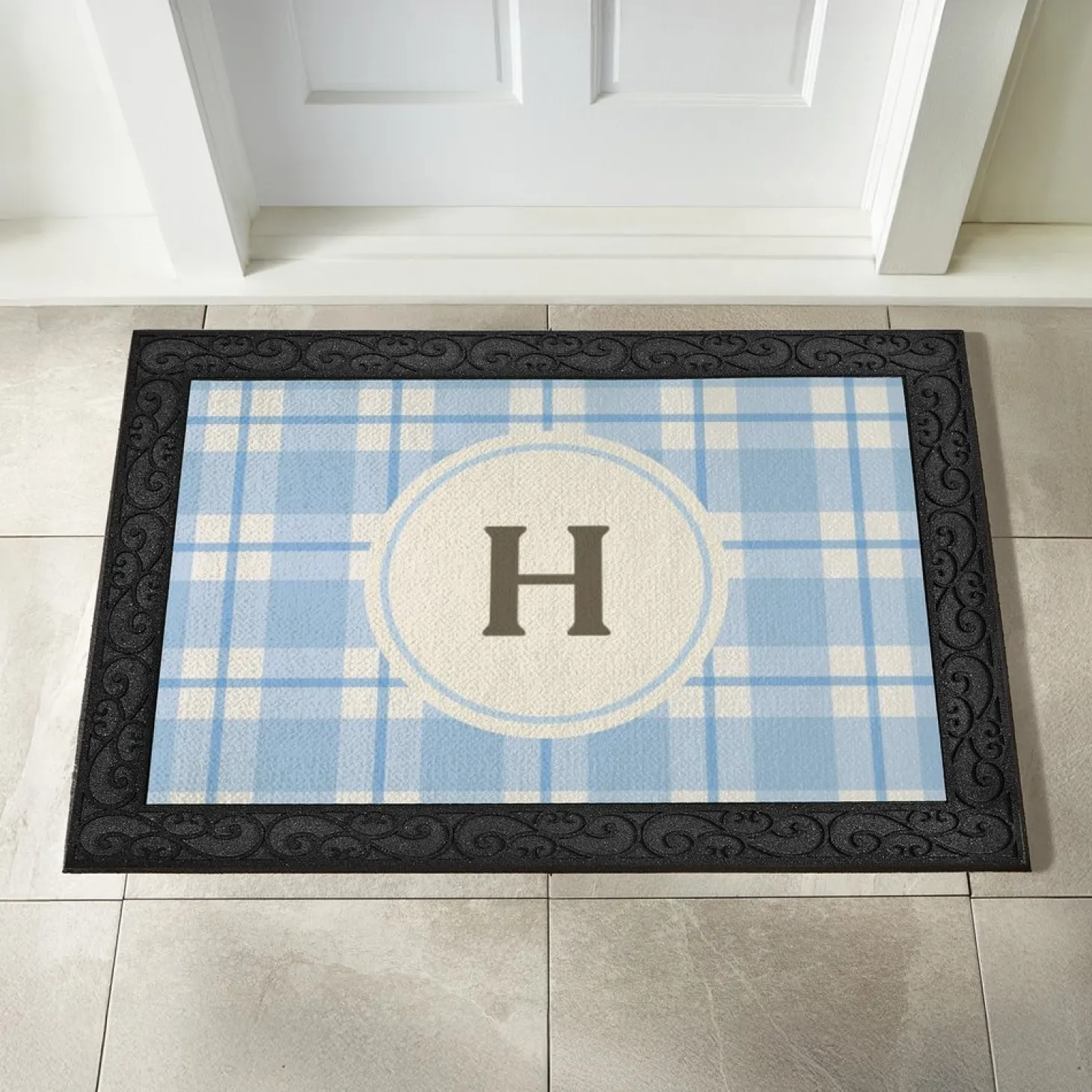 Pastel Plaid Initial Doormat