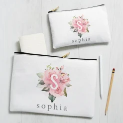Pink Floral Initial Zipper Pouch