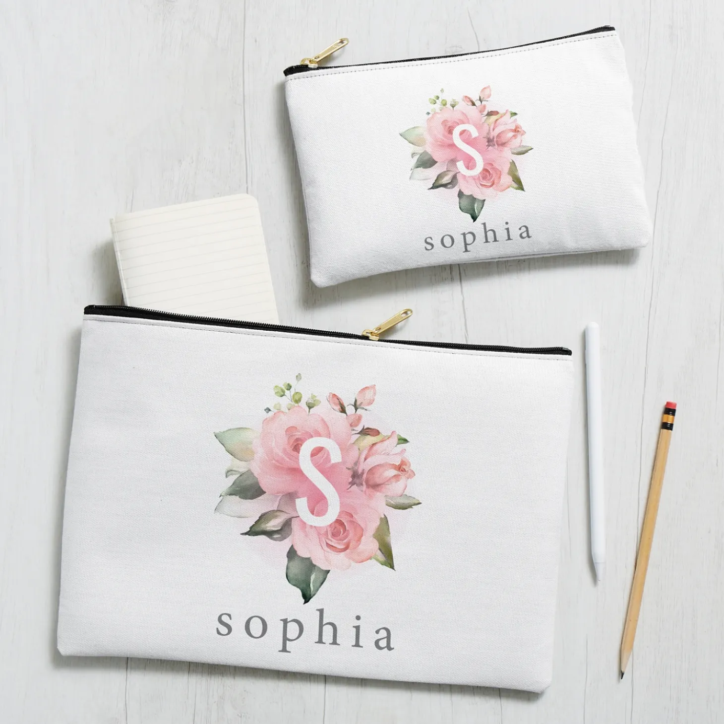 Pink Floral Initial Zipper Pouch