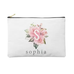Pink Floral Initial Zipper Pouch