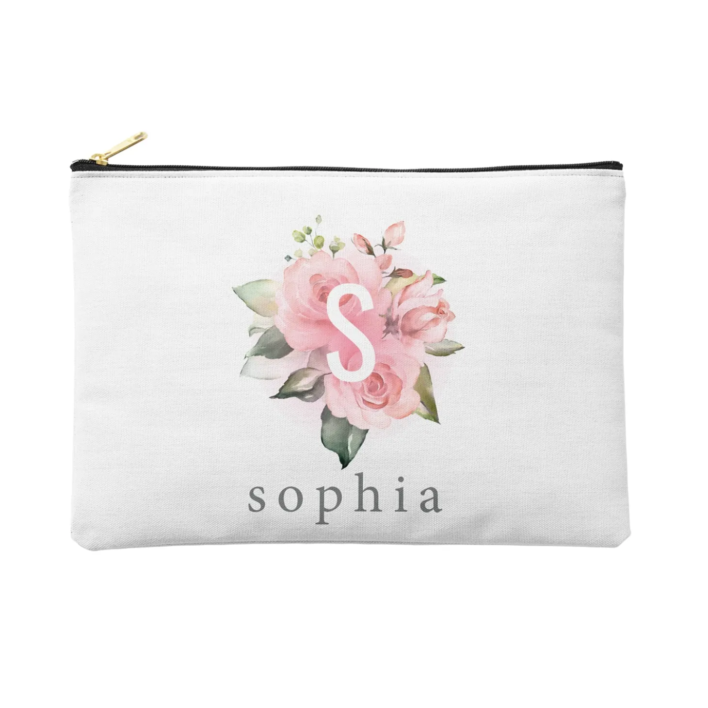 Pink Floral Initial Zipper Pouch
