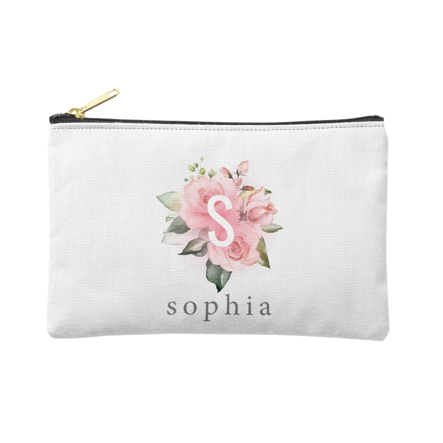 Pink Floral Initial Zipper Pouch