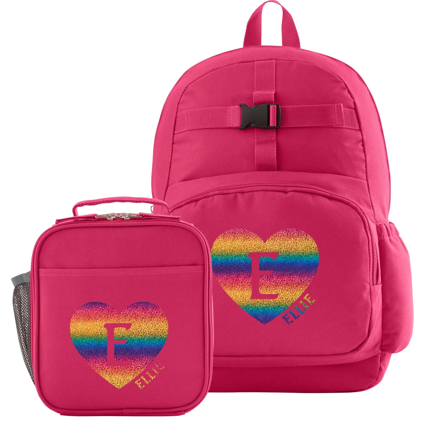 Rainbow Glitter Heart Initial & Name Pink Backpack Collection