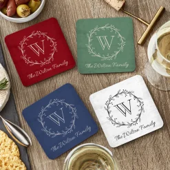 Rustic Wreath Monogram Wood Coasters