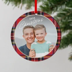 Shimmer Plaid Photo Round Ornament