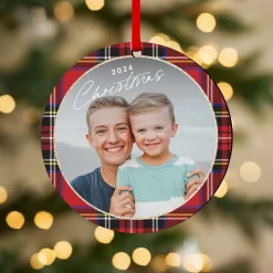 Shimmer Plaid Photo Round Ornament