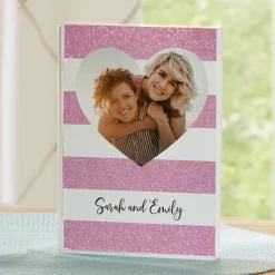 Shimmer Stripe Photo Heart Glass Block
