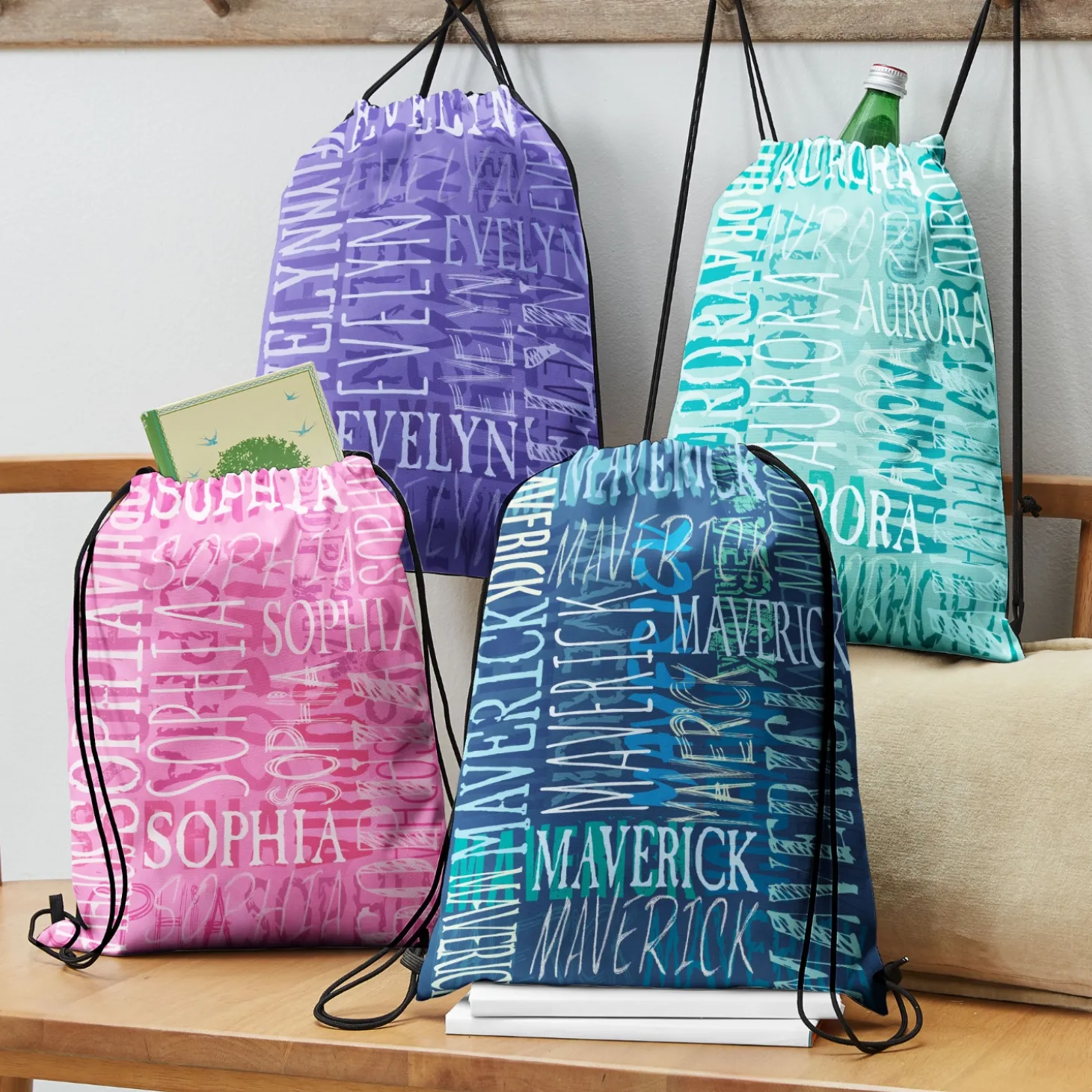 Signature Style Allover Print Drawstring Bags
