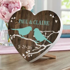 Sweet Lovebirds Wood Heart