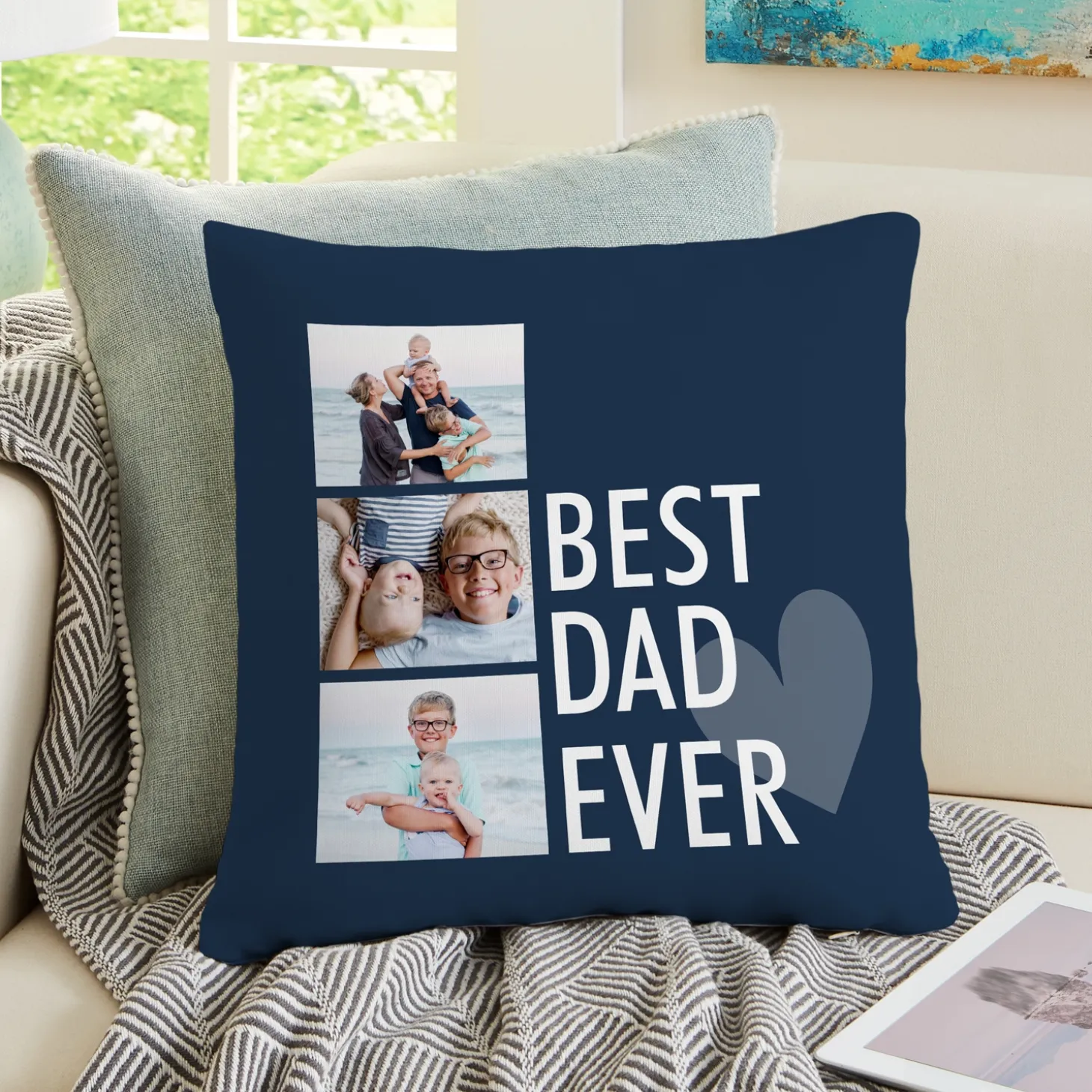 Three Photo Best Dad Grandpa Throw Pillow